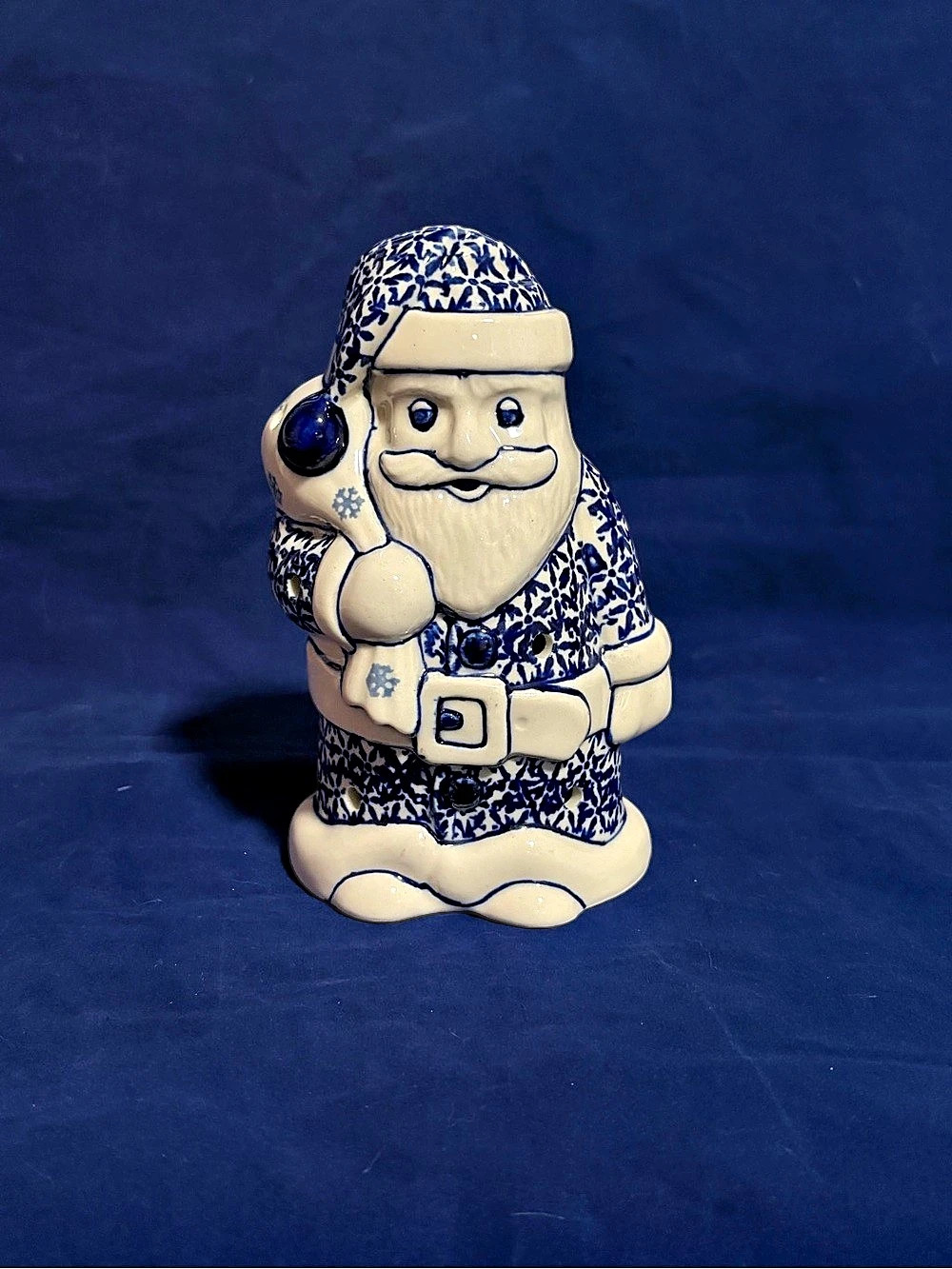 Original Polish Pottery Boleslawiec Blue Santa Tea Light Holder Handcrafted